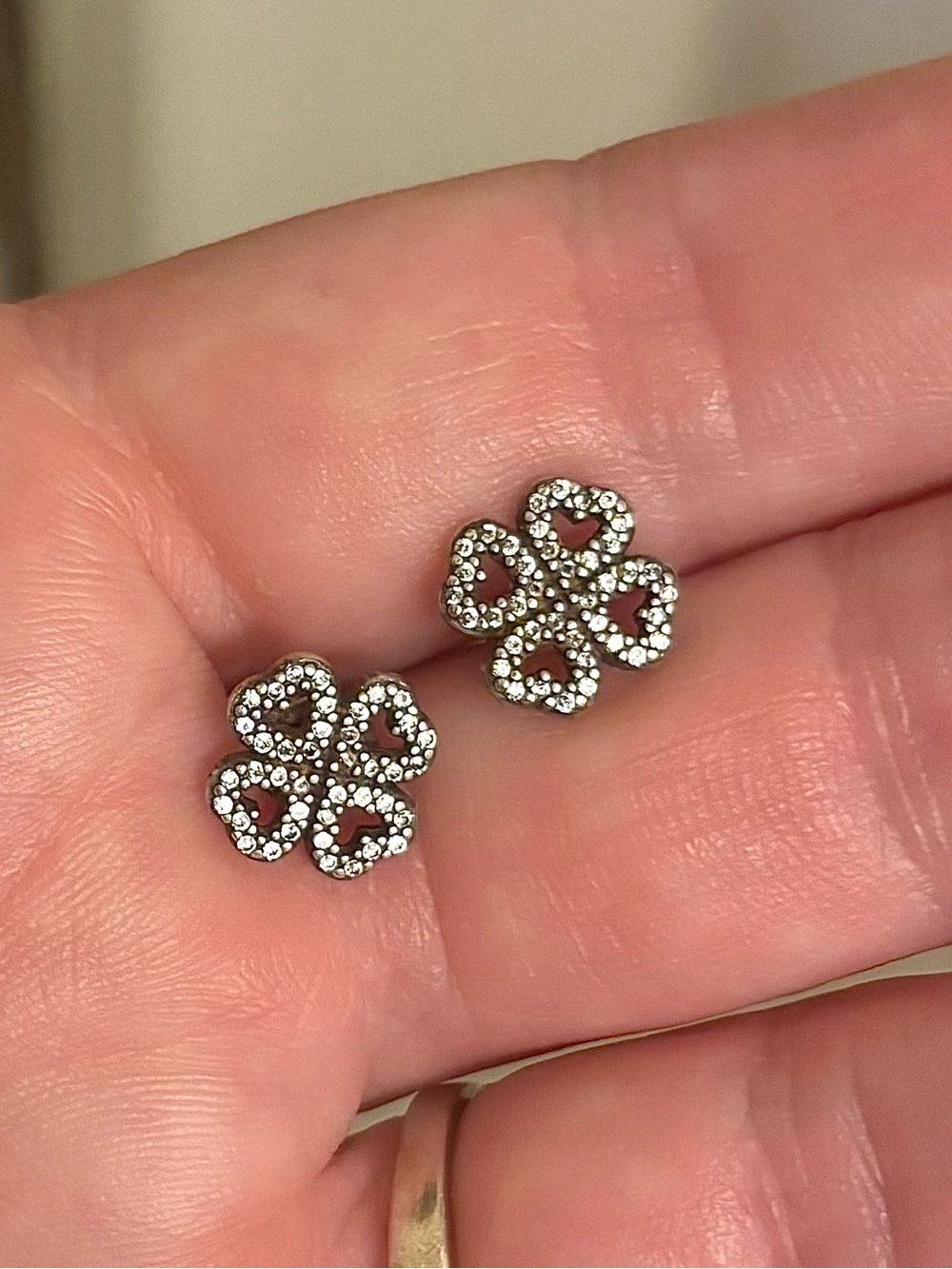 Pandora Heart Clover Silver Stud Earrings with Clear Cubic Zirconia Earrings